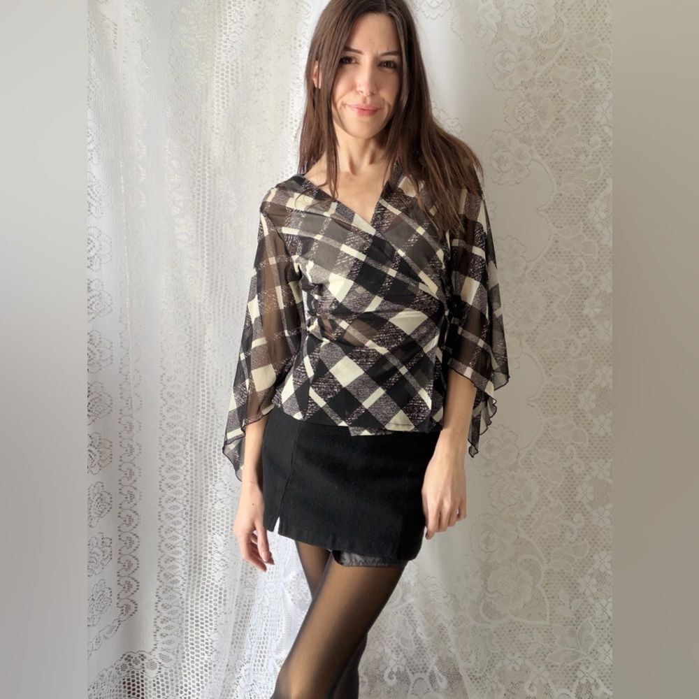 Y2K Sheer Plaid Wrap Top Bell Sleeve Tie Front 2000s - Picture 5 of 16